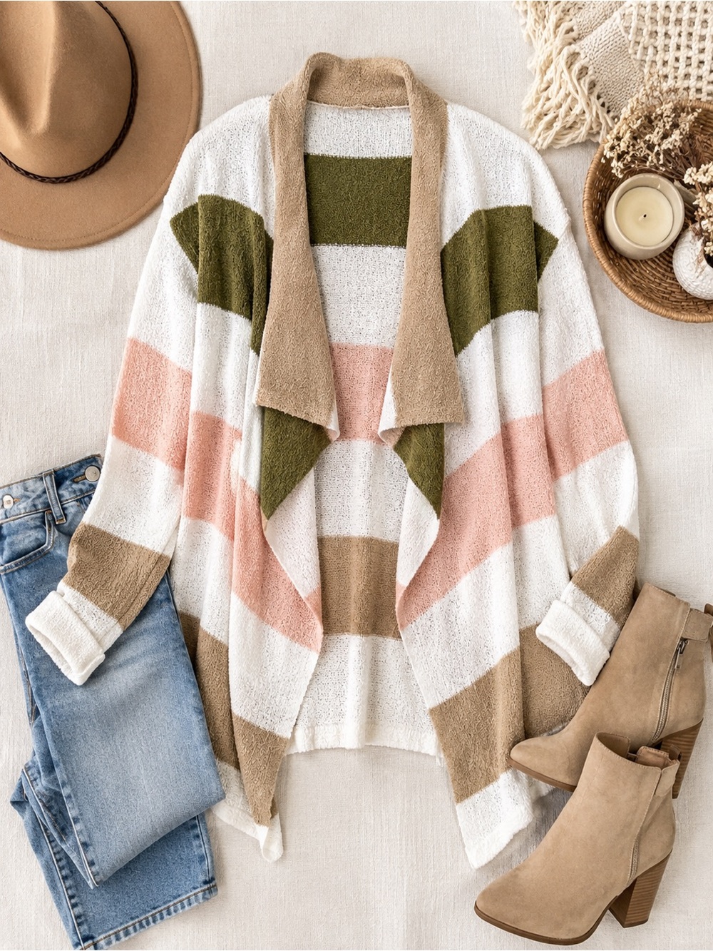 NWT ELLA Rafaella Open Front Striped Cardigan Sweater | Blush Olive Tan | LP